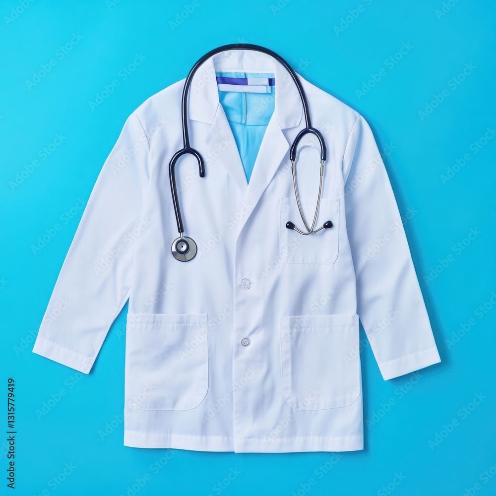 White Doctor Coat and Stethoscope on Blue Background White Doctor Coat and Stethoscope on Blue Background