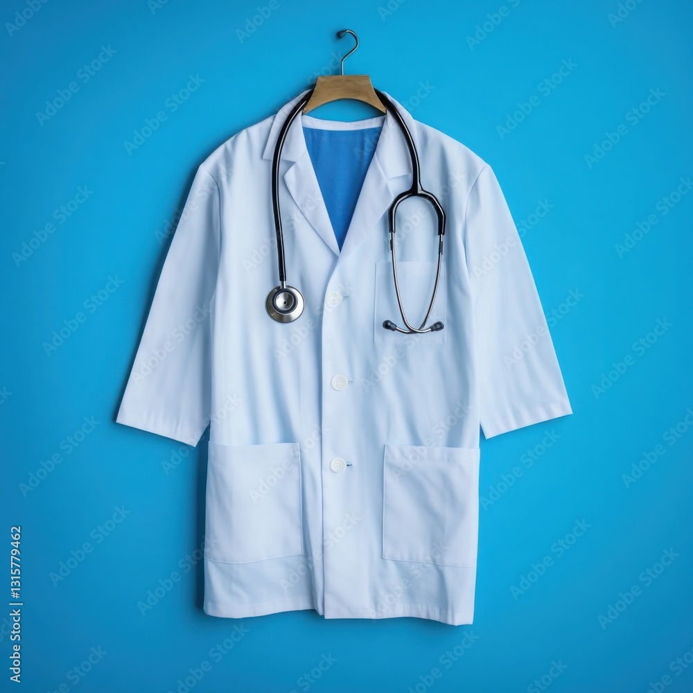 Doctor's white coat with stethoscope on hanger against blue background Doctor's white coat with stethoscope on hanger against blue background