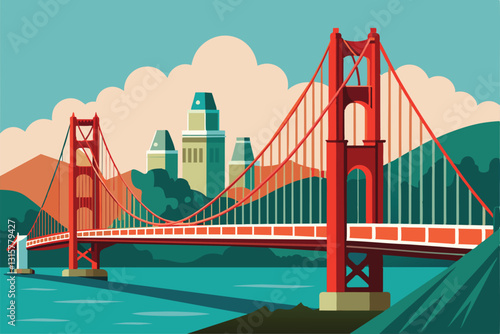 A stylized portrayal of San Franciscoâ€™s famous bridge set against a mountainous backdrop and blue water, San francisco bridge Customizable Semi Flat Illustration