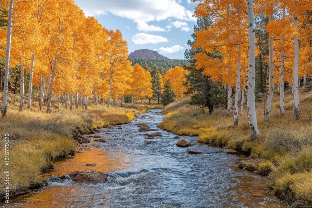 Autumnal creek flowing through golden aspen grove Autumnal creek flowing through golden aspen grove