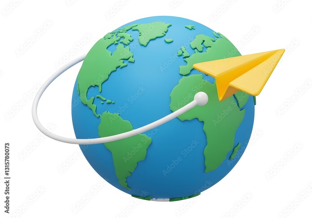 Naklejka premium Global Travel Paper Airplane Orbiting Earth – 3D Illustration