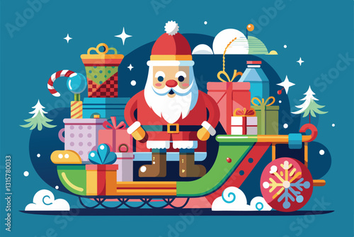 Santa Claus stands on a colorful sleigh filled with gifts against a festive winter backdrop, Santa claus sleigh Customizable Disproportionate Illustration