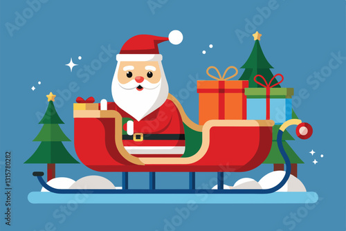 Santa Claus sits in a red sleigh filled with colorful gifts amid snowy trees, ready for holiday cheer, Santa claus sleigh Customizable Flat Illustration