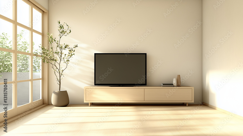 Fototapeta premium minimalist living room interior with a tv, wooden cabinet, plant, and sunlight streaming through a large window. neutral color palette creates a peaceful atmosphere.