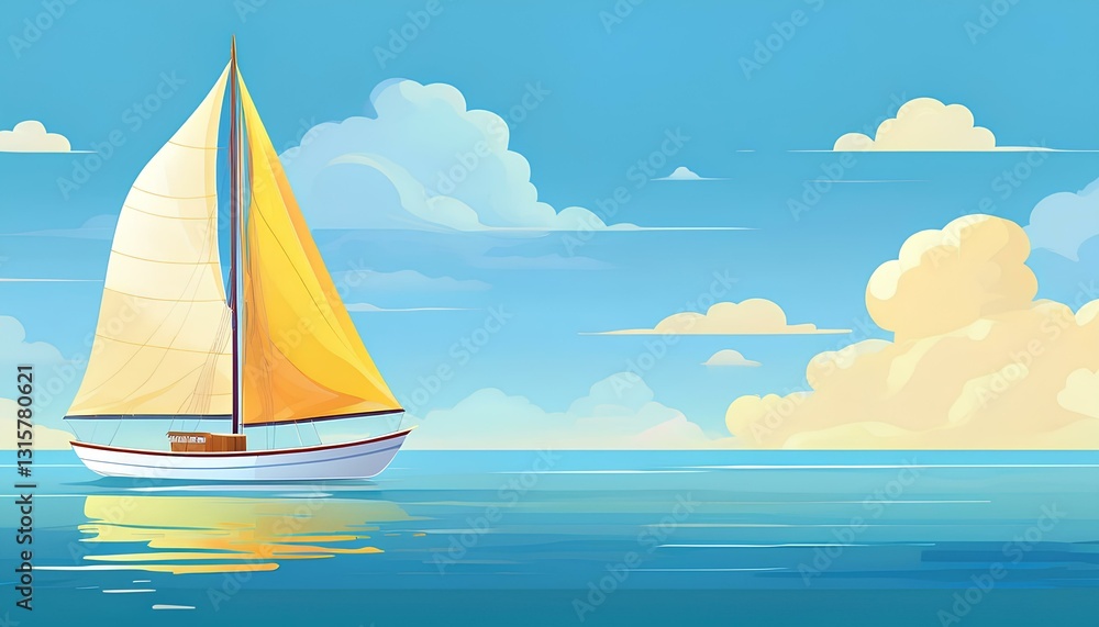 Naklejka premium Cartoon illustration of a sailboat in the sea with blue sky background. Sailing boat on the sea. Sailing ship on the sea. yacht in the sea. copy space image.