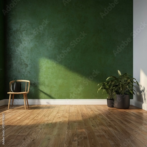 An empty room with bright green walls and glossy wooden floors provides a calming and inviting backdrop for a variety of interior designs and concepts in stock photography.