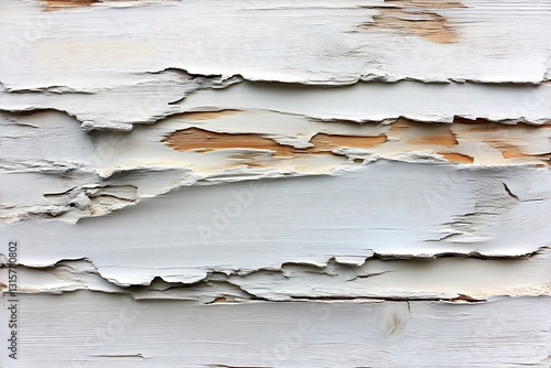 Weathered white wooden planks with peeling paint and exposed wood