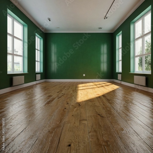 An empty room with bright green walls and glossy wooden floors provides a calming and inviting backdrop for a variety of interior designs and concepts in stock photography.