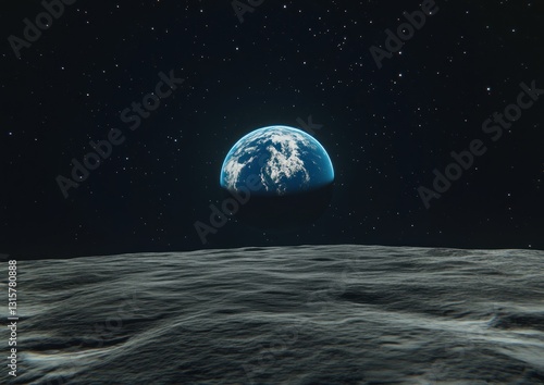Earthrise over lunar surface, stars in background.