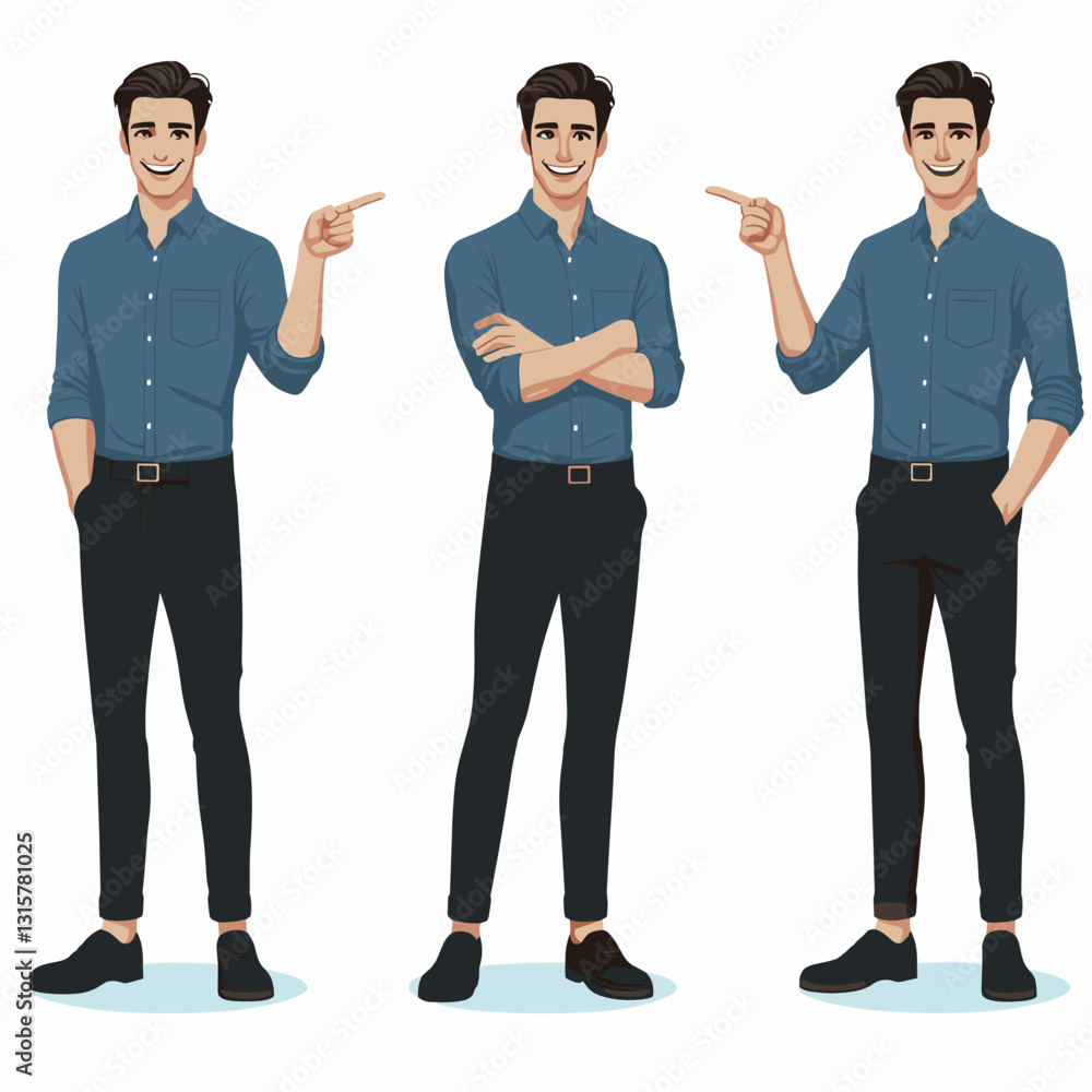 Fototapeta premium Illustrated Man in Various Poses on White Background