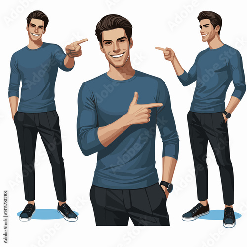 Illustrated Man Pointing: Diverse Poses & Expressions