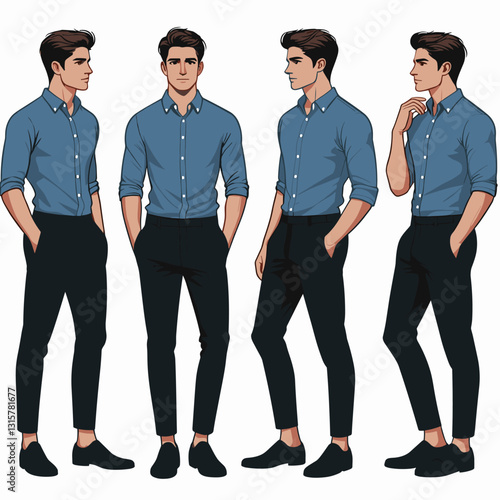 Man in Blue Shirt: Multiple Poses