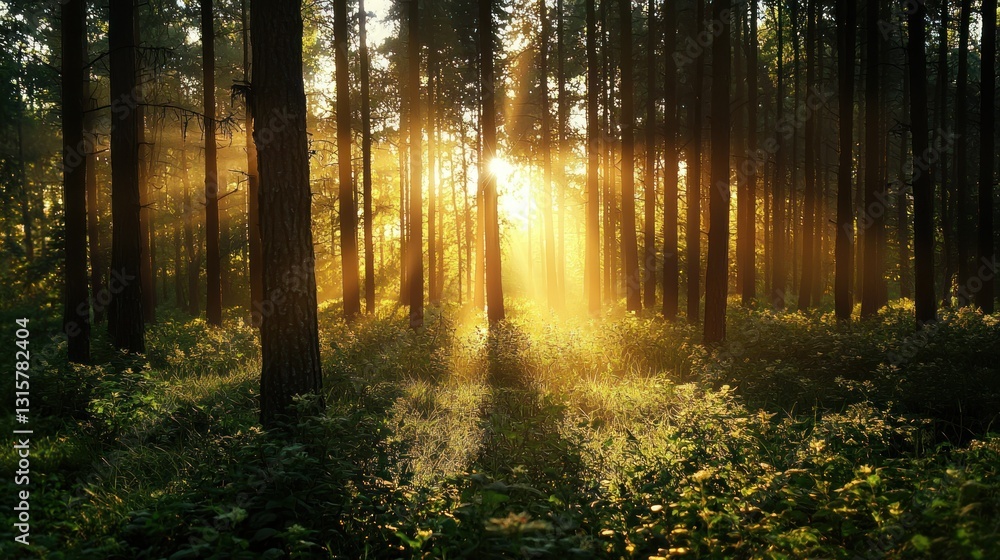 Fototapeta premium Golden Sunrise in a Mystical Forest