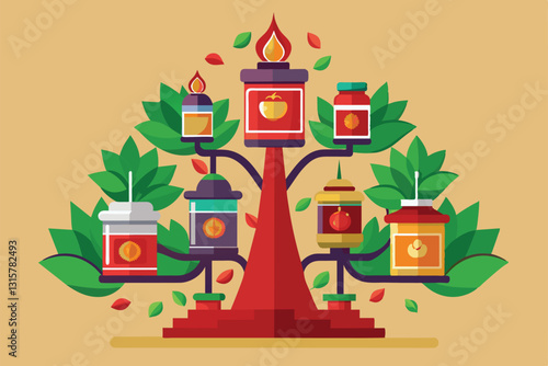 A vibrant sauce tree showcases an array of colorful sauces on branches surrounded by lush green leaves, Sauce tree Customizable Semi Flat Illustration