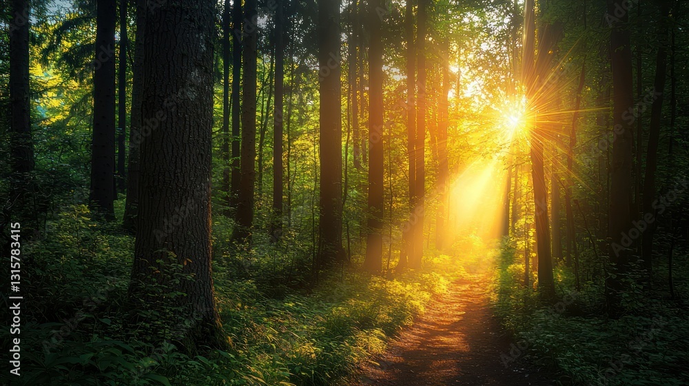 Fototapeta premium Golden Hour Forest Path: A Serene Sunrise in the Woods