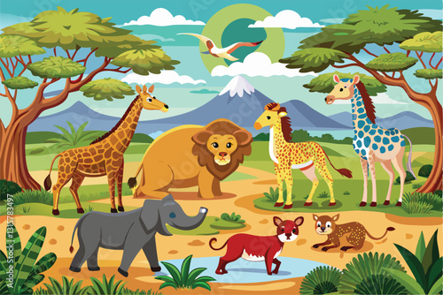 Explore a lively collection of savanna animals in Africa, showcasing their vibrant interactions in nature, Savanna Animals Clipart Set: Africa