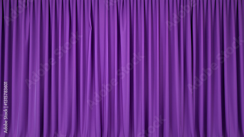 Full view of a purple curtain with vertical, smooth folds, creating a rich and elegant backdrop, perfect for stage or event decoration..