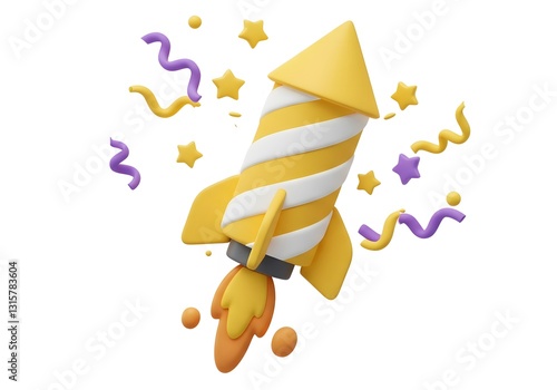 3D Yellow Firework Rocket Icon with Confetti and Stars
