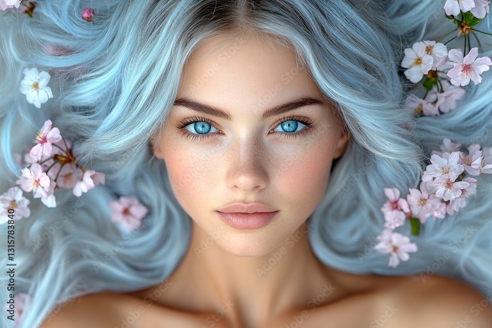 Commercial ad campaign conceptual art. Gorgeous caucasian young woman surrounded by cherry blossoms. Spring mood, soft daylight and fog. Woman surrounded by flowers in springtime. Commercial ad campaign conceptual art. Gorgeous caucasian young woman surrounded by cherry blossoms. Spring mood, soft daylight and fog. Woman surrounded by flowers in springtime.