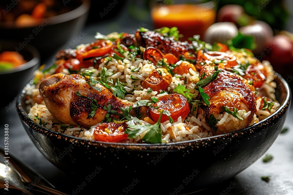 Ramadan feast iftar gathering celebration. Deliciously plated chicken and rice with vibrant vegetables. Ramadan feast iftar gathering celebration. Deliciously plated chicken and rice with vibrant vegetables.