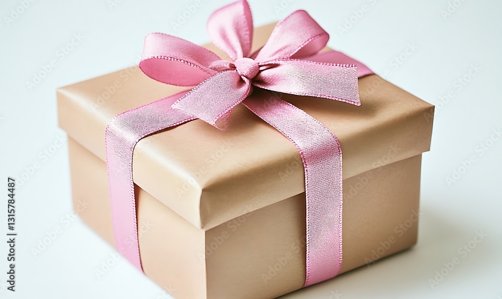 Fototapeta premium Beige Gift Box With Pink Ribbon Bow