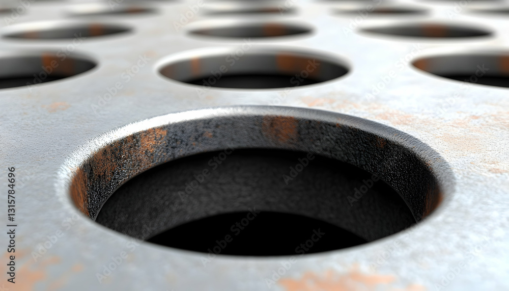 Metal plate with many circular holes, rusty texture Metal plate with many circular holes, rusty texture