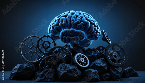 Brain with gears on rocky background
