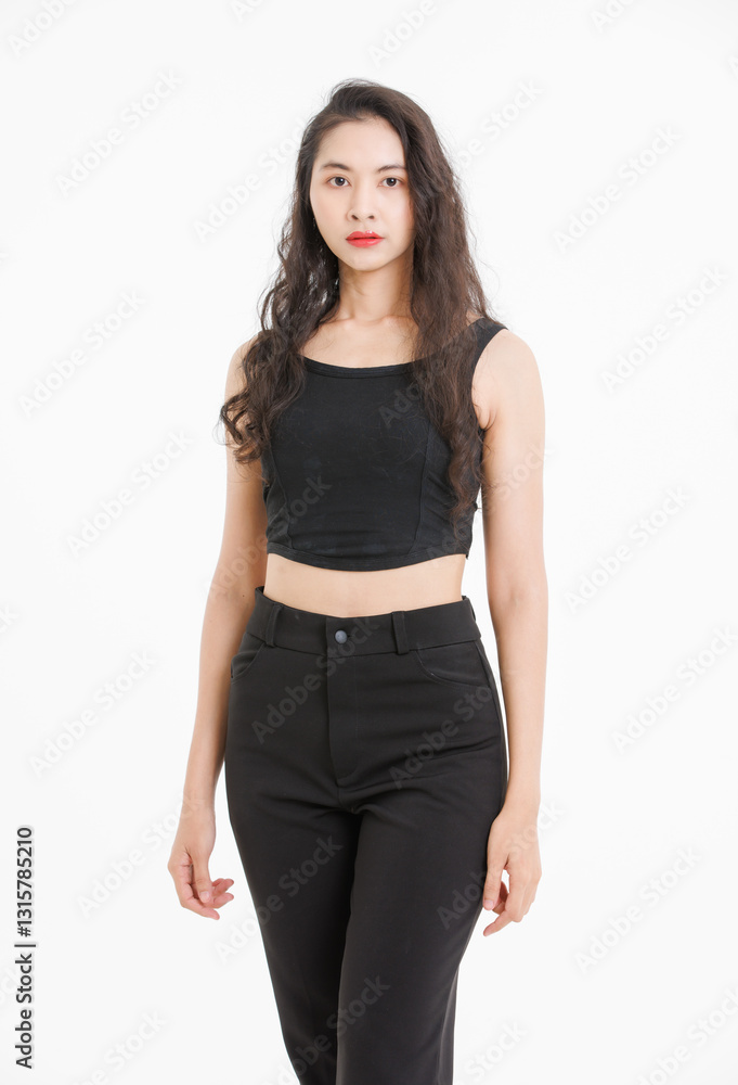Portrait of asian beautiful woman with curly hair, wearing black tank top black long pants, model girl attractive confident cheerful standing smiling pose look at camera on white background in studio. Portrait of asian beautiful woman with curly hair, wearing black tank top black long pants, model girl attractive confident cheerful standing smiling pose look at camera on white background in studio.
