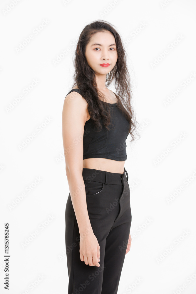 Portrait of asian beautiful woman with curly hair, wearing black tank top black long pants, model girl attractive confident cheerful standing smiling pose look at camera on white background in studio. Portrait of asian beautiful woman with curly hair, wearing black tank top black long pants, model girl attractive confident cheerful standing smiling pose look at camera on white background in studio.