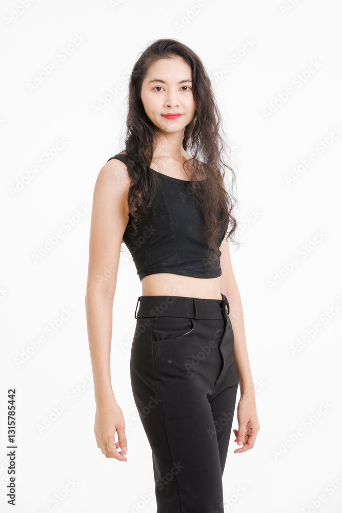 Portrait of asian beautiful woman with curly hair, wearing black tank top black long pants, model girl attractive confident cheerful standing smiling pose look at camera on white background in studio. Portrait of asian beautiful woman with curly hair, wearing black tank top black long pants, model girl attractive confident cheerful standing smiling pose look at camera on white background in studio.