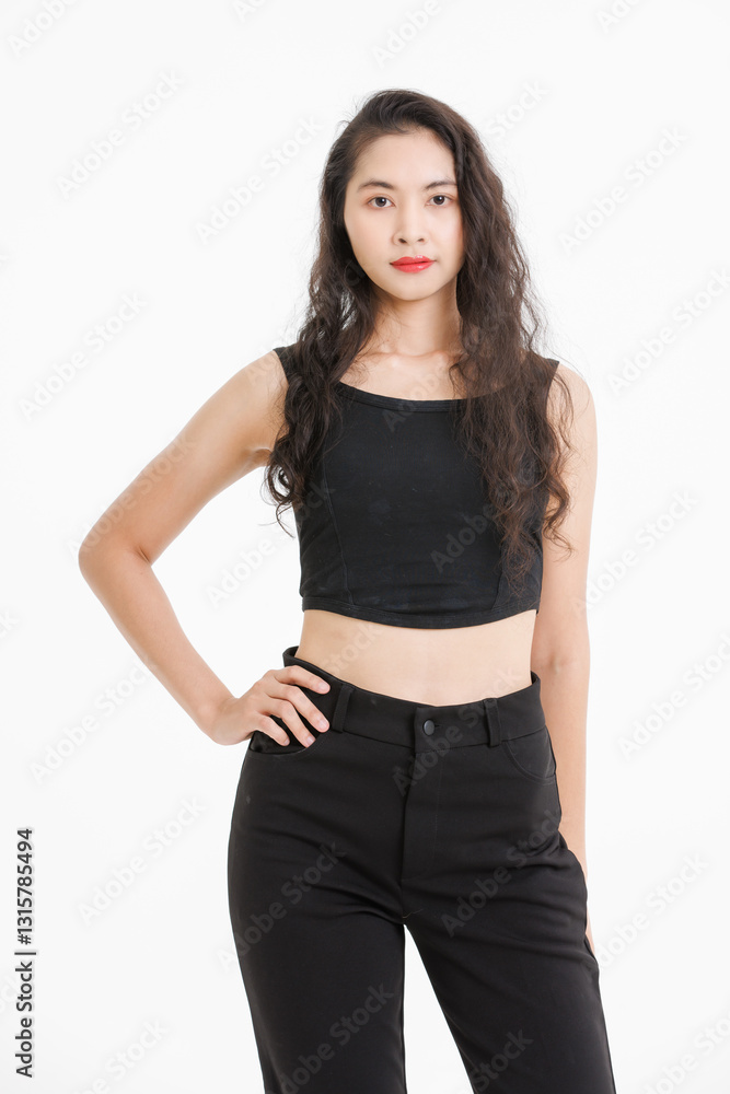 Portrait of asian beautiful woman with curly hair, wearing black tank top black long pants, model girl attractive confident cheerful standing smiling pose look at camera on white background in studio. Portrait of asian beautiful woman with curly hair, wearing black tank top black long pants, model girl attractive confident cheerful standing smiling pose look at camera on white background in studio.