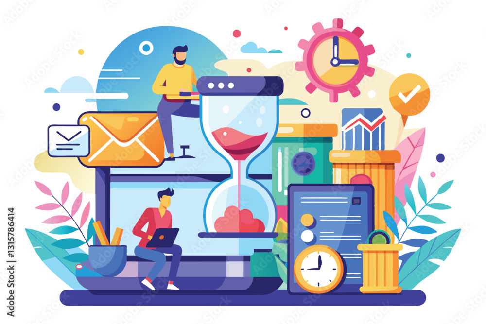 Naklejka premium This vibrant illustration showcases characters managing tasks and time with digital tools, emphasizing productivity, Save time Customizable Semi Flat Illustration