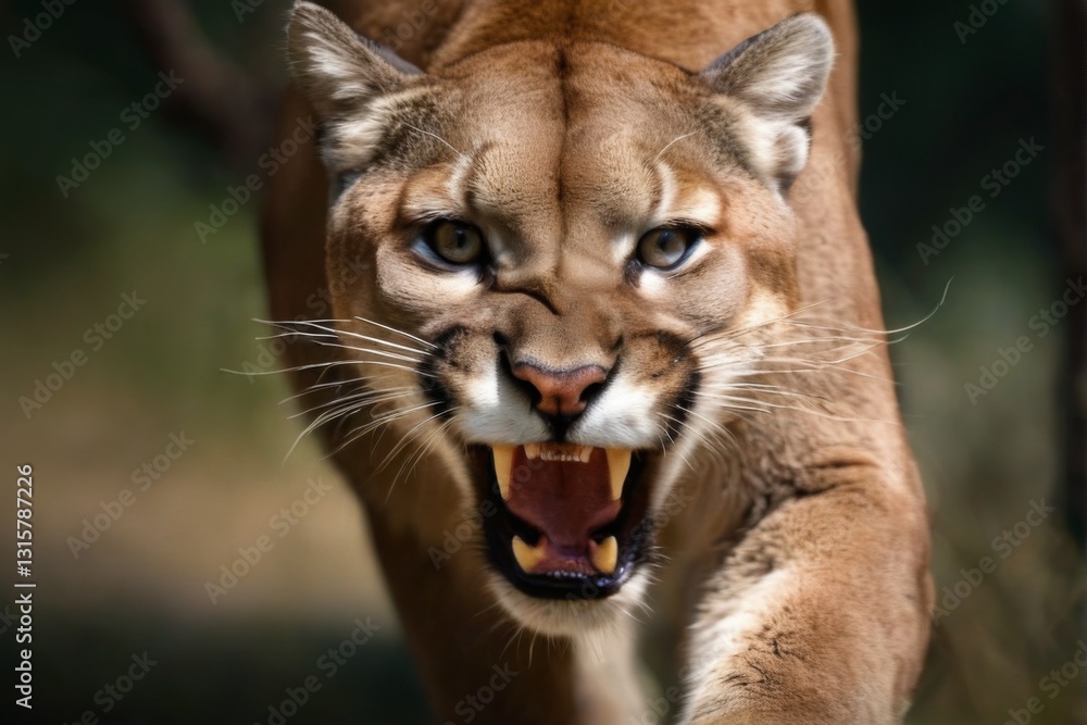 Obraz premium Closeup of fierce mountain lioness in motion, showcasing sharp teeth, claws, and stunning blue eyes, with blurred woodland background.