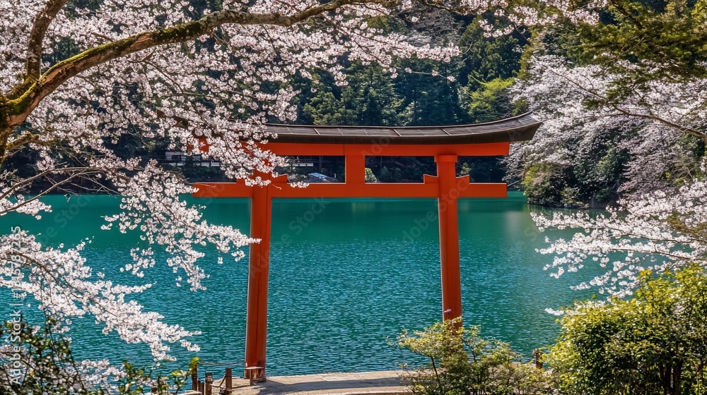 Red Torii gate, lake, cherry blossoms, spring, Japan Red Torii gate, lake, cherry blossoms, spring, Japan