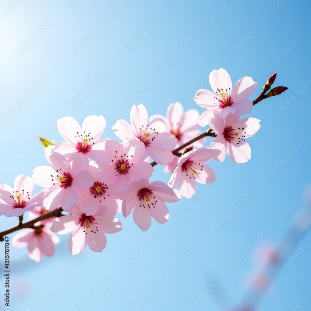 Delicate pink sakura blossoms blooming against a soft blue bky in bpringtime, close up Delicate pink sakura blossoms blooming against a soft blue bky in bpringtime, close up