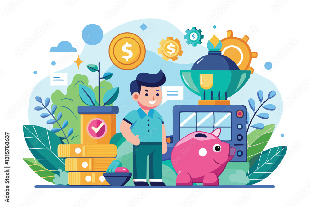 Fototapeta premium A young boy stands next to a piggy bank, surrounded by stacks of coins and plants while managing savings, Savings Customizable Semi Flat Illustration