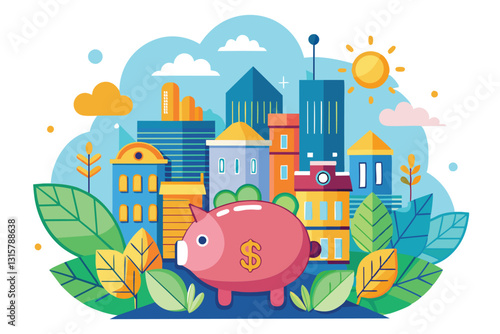 A colorful depiction of a piggy bank surrounded by urban buildings and greenery, representing savings, Savings Customizable Semi Flat Illustration