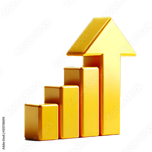 yellow upward arrow isolated on a white background. Clean and glossy design. Concept of direction and rise. 3D Rendering