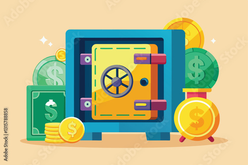 A vibrant safe stands among piles of coins and bills, highlighting the benefits of financial savings in a secure way, Savings in the safet