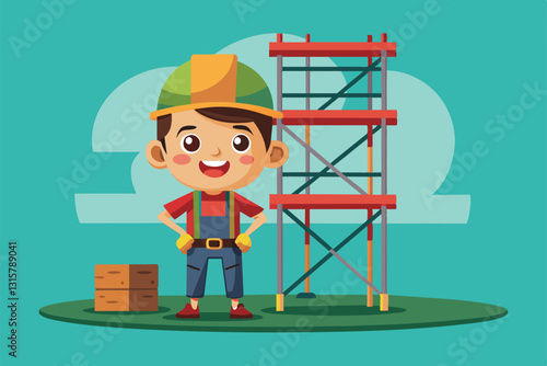 A happy young boy in work attire is excitedly posing beside a colorful scaffold and building materials, Scaffold Customizable Cartoon Illustration