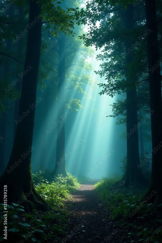 Naklejka premium Enchanting misty forest with towering trees and ominous shadows, dark, eerie, spooky