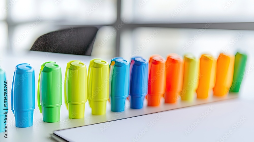 Colorful Highlighters Arranged Neatly on a Desk in a Modern Workspace with Soft Lighting and Blurred Background Colorful Highlighters Arranged Neatly on a Desk in a Modern Workspace with Soft Lighting and Blurred Background