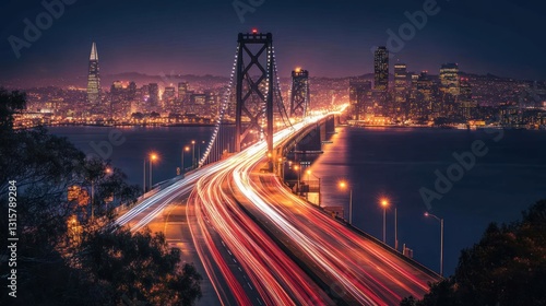 Spectacular Bay Bridge illuminated night view with San Francisco skyline backdrop
