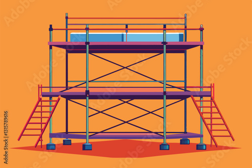 A detailed scaffold setup featuring two levels, accessible by side ladders, set against a bright orange backdrop, Scaffold Customizable Semi Flat Illustration