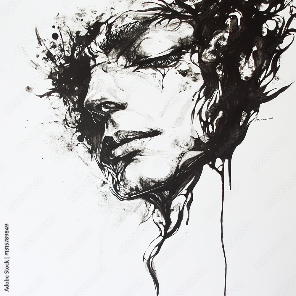 Abstract Ink Portrait of a Woman: Serene and Mysterious Abstract Ink Portrait of a Woman: Serene and Mysterious