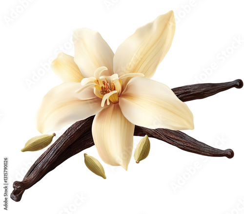 A beautifully detailed illustration of a vanilla flower with pods, showcasing its natural elegance against a plain background, ideal for culinary and botanical uses