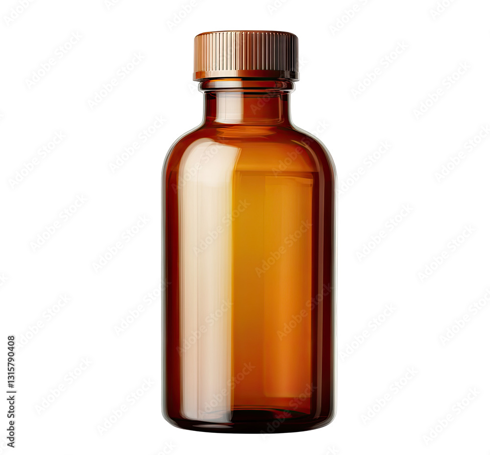 A clear amber glass bottle with a metallic cap, showcasing its smooth surface and transparency, ideal for packaging liquids or supplements A clear amber glass bottle with a metallic cap, showcasing its smooth surface and transparency, ideal for packaging liquids or supplements