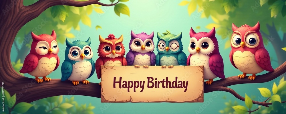 Obraz premium Five adorable cartoon owls perched on a tree branch holding a 