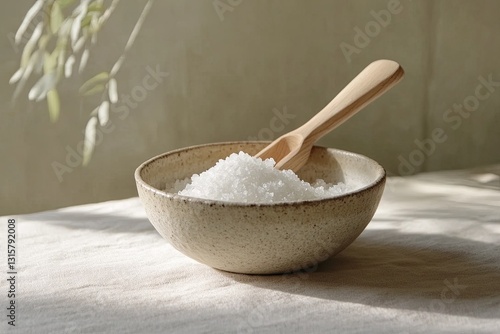 A clean ceramic bowl of bath salts styled with a single wooden scoop. picture