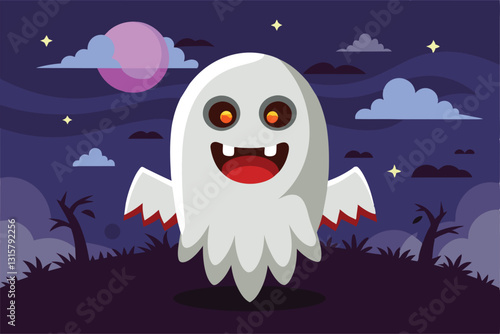 A playful ghost character with big eyes and sharp teeth stands happily in a dark, cloudy landscape at night, Scary ghost Customizable Flat Illustration